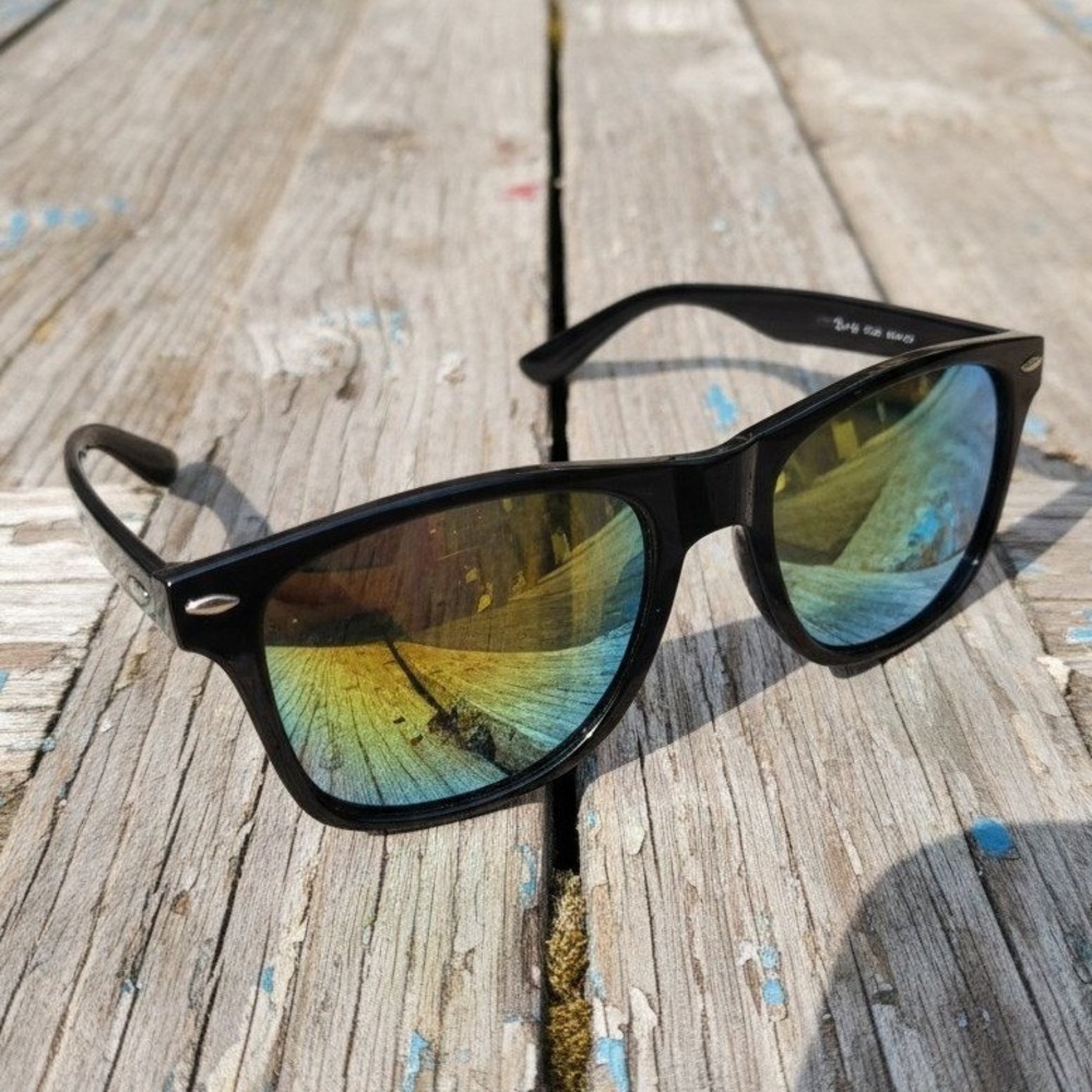 Feam Aero Black Wayfarer Sunglasses, Yellow Gold Mirrored‎ Lenses, Sporty Shades
